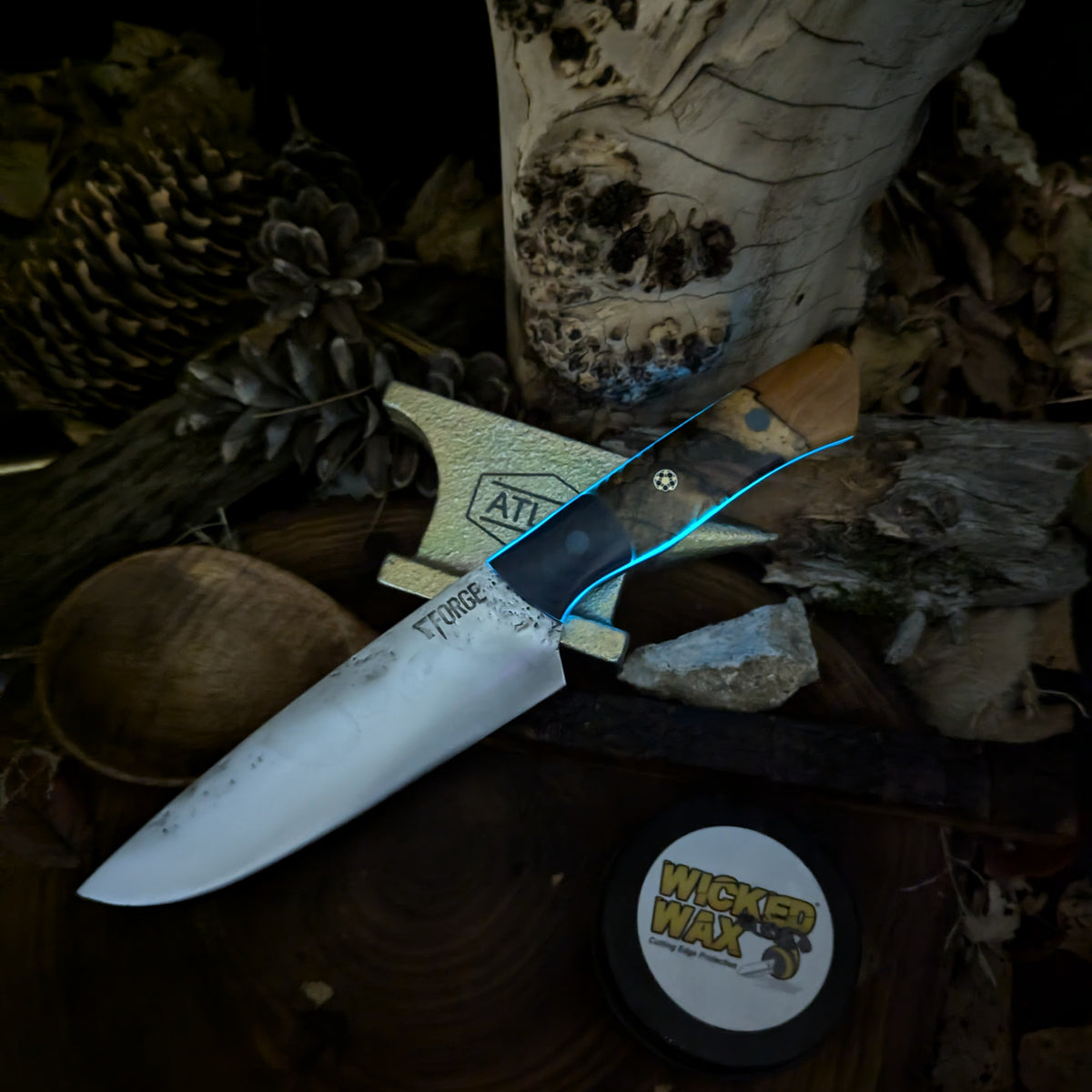 5.5inch chef - Blue Denim Micarta and Spalted Hackberry - Glow In