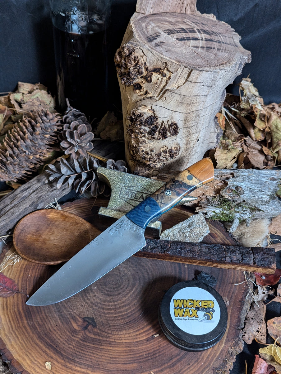 5.5inch chef - Blue Denim Micarta and Spalted Hackberry - Glow In