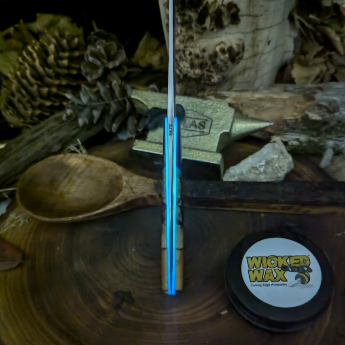 5.5inch chef - Blue Denim Micarta and Spalted Hackberry - Glow In