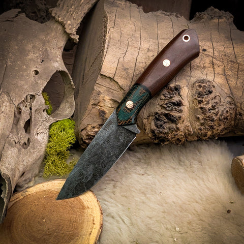 Overlander - Vintage canvas micarta - Druid Burlap Bolster - Black canvas Micarta Liners - Mosaic pins