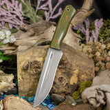 Custom Forged Fighter - Green linen Micarta - Natural Canvas Liners - Natural Canvas Pins
