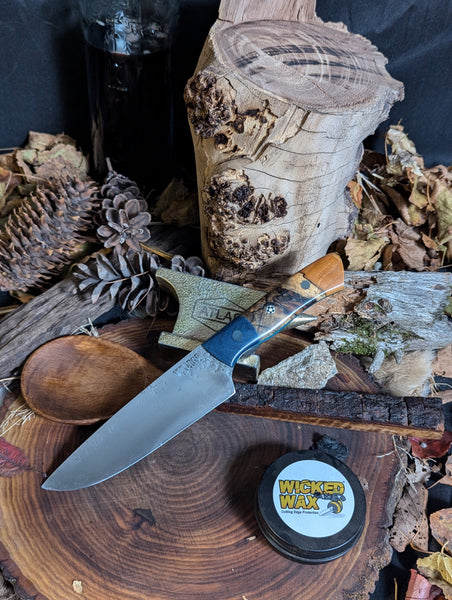 5.5inch chef - Blue Denim Micarta and Spalted Hackberry - Glow In