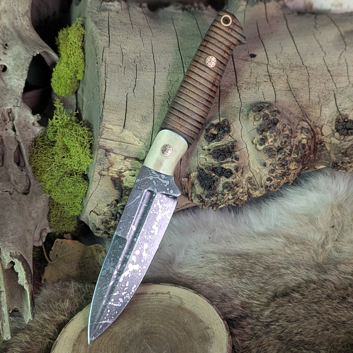 Custom spear point - stag and stacked leather – 7Forge Knives