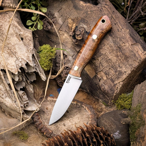 Prototype Starling - Dark Curly Maple - Natural canvas micarta liners - brass pins