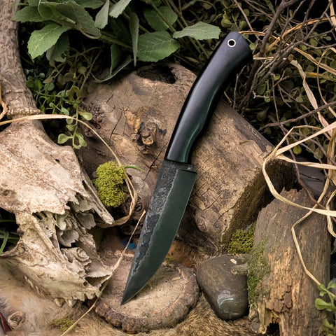 Custom forged fighter - black Richlite - Black canvas Micarta liners - black canvas pins