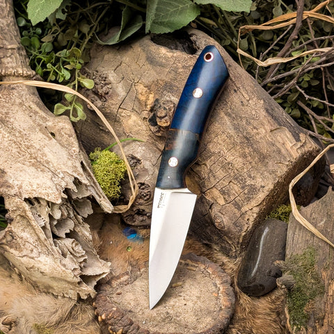 Peacekeeper - Blue Curly Maple - Natural Canvas Micarta Liners - Mosaic pins