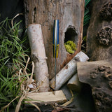 Prototype Polaris - Blue Burlap micarta with Mexican blanket bolster - yellow and black canvas liners - mosaic pins