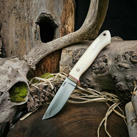 Prototype Two Rivers Hunter - Ivory linen micarta - red liners - mosaic pins