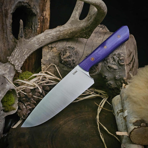 Chef - Violet Linen Micarta - Teal Glow Liners - natural canvas micarta pins