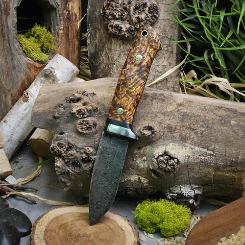 Drop point hunter - Alabama Damascus/ black ash burl